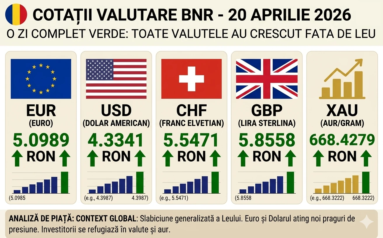 Infografic curs BNR 20 aprilie 2026 toate valutele cresc Euro Dolar Aur verde