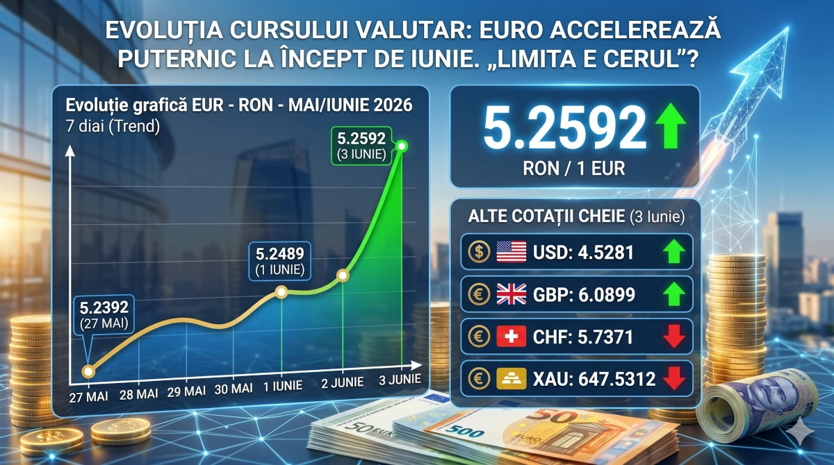Evolutie curs valutar euro crestere puternica 3 iunie 2026